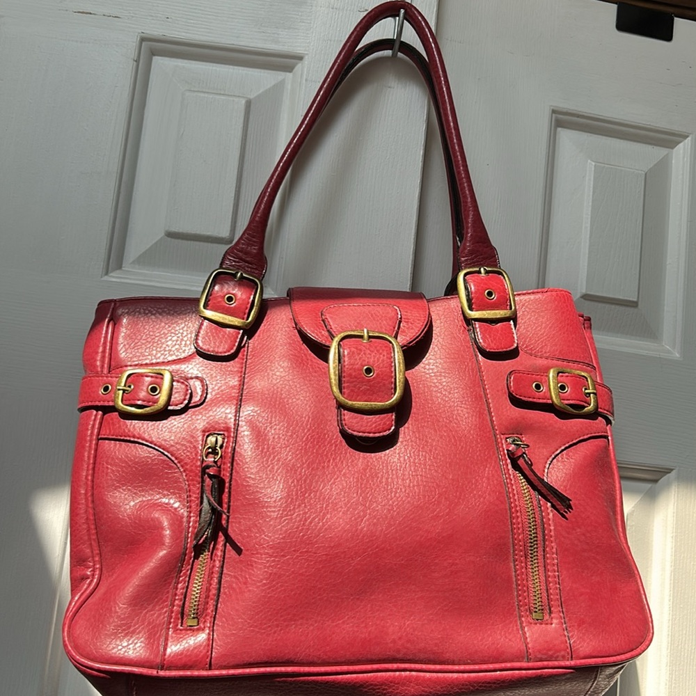 Cranberry Red, double handle large satchel handbag. Roomy 3 sectioned interior.